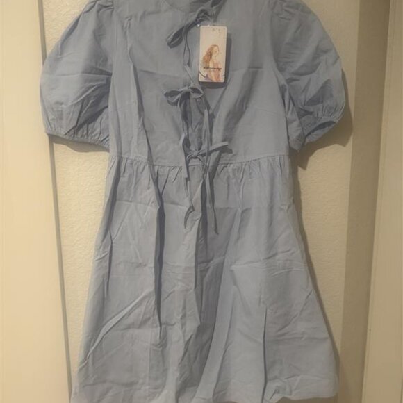 Light Blue Short Sleeve Bow Tie Front Babydoll Mini Dress with Pockets - New - Picture 3 of 3